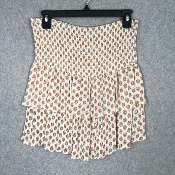 Pink‎ Rose Mini Skirt Medium White Ruffle Tiered Ditsy Boho Cottage Fairy Flowy - Picture 1 of 9